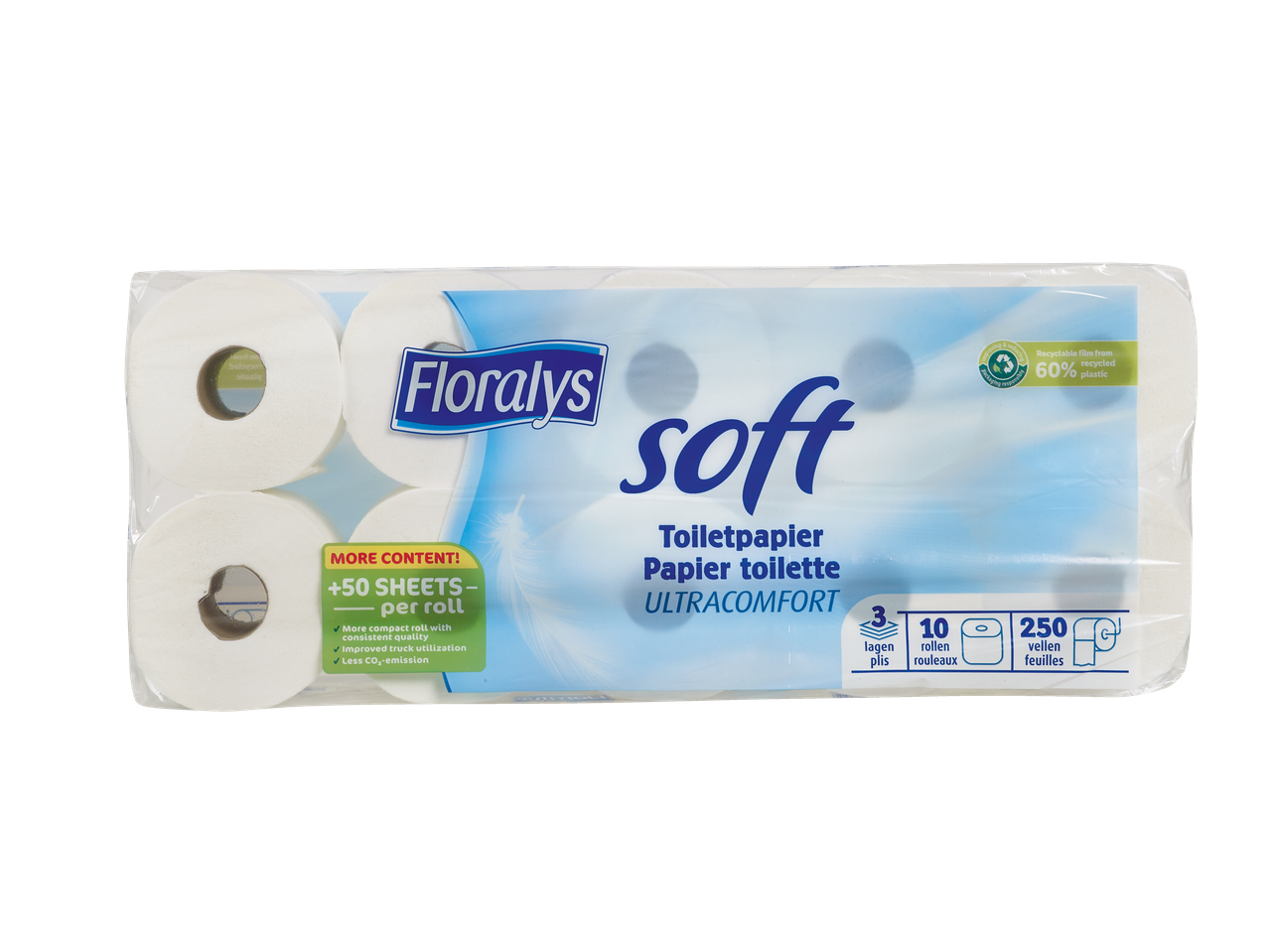 Papier toilette Floralys Soft, 10 rouleaux de 250 feuilles chacun, 3 épaisseurs, en emballage recyclable.