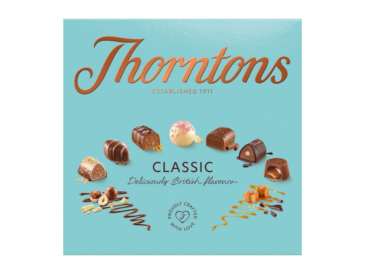 Thorntons Classic chocolates box with various British flavour truffles and caramels.
