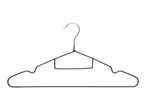 A black wire clothes hanger with a hook at the top.