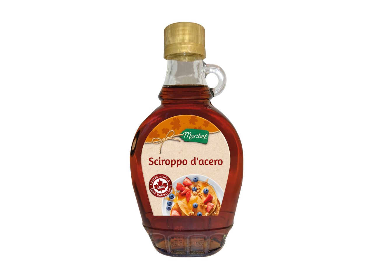 Maribel Sciroppo d'acero, a bottle of 100% Canadian Grade A dark robust maple syrup.