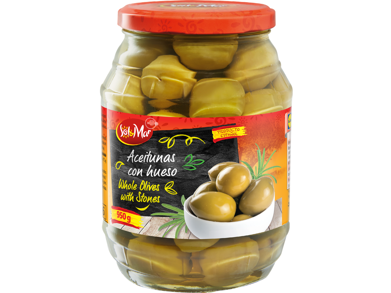 En burk med hela oliver med kärnor, med texten 'Aceitunas con hueso' och 'Whole Olives with Stones'.