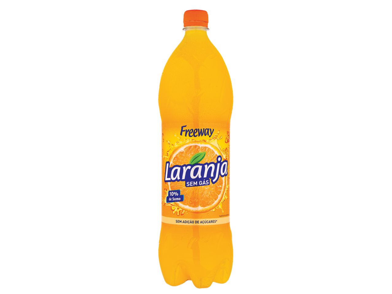 Garrafa de sumo de laranja sem gás com 10% de sumo e sem adição de açúcares.