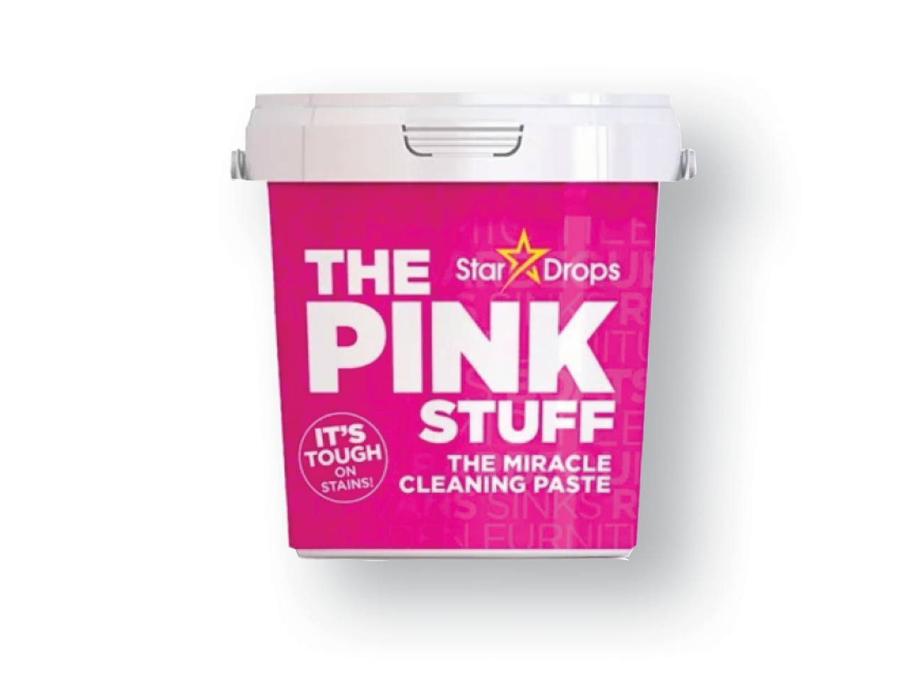 Rožinės spalvos valymo pastos indelis su užrašu „The Pink Stuff“ ir „Star Drops“ logotipu.