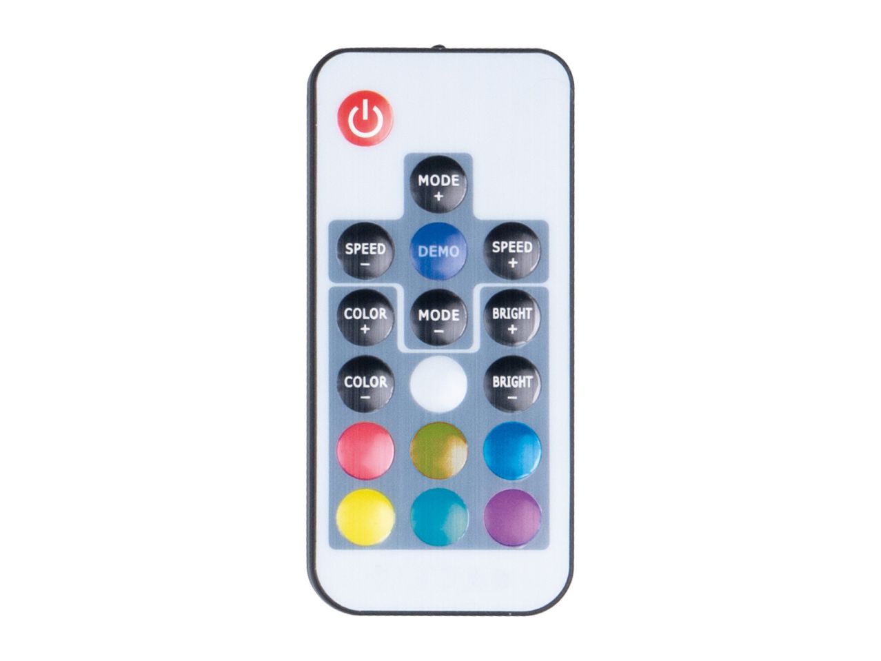 A white remote control with various buttons for speed, color, mode, brightness, and a power button.