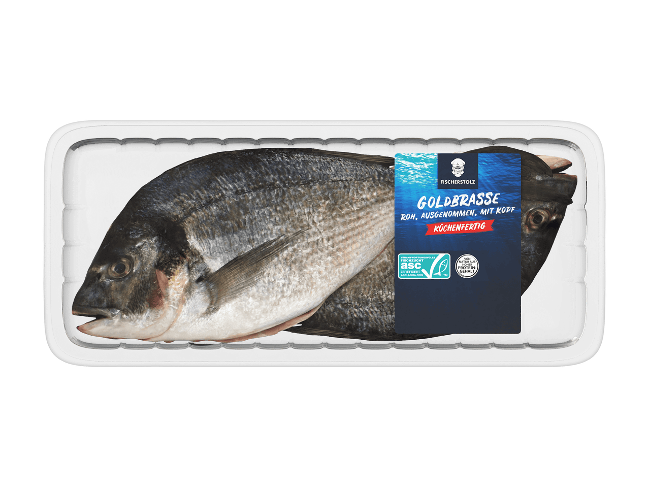 Fischerstolz Goldbrasse, roh, ausgenommen, mit Kopf, küchenfertig in einer Verpackung.