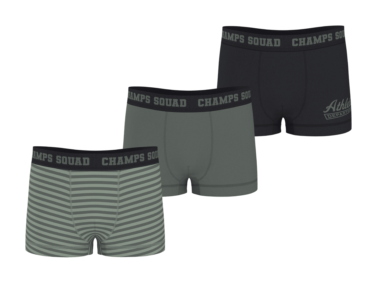 3-pak boxershorts til mænd i grønne nuancer, en stribet, en ensfarvet og en sort med tekst.
