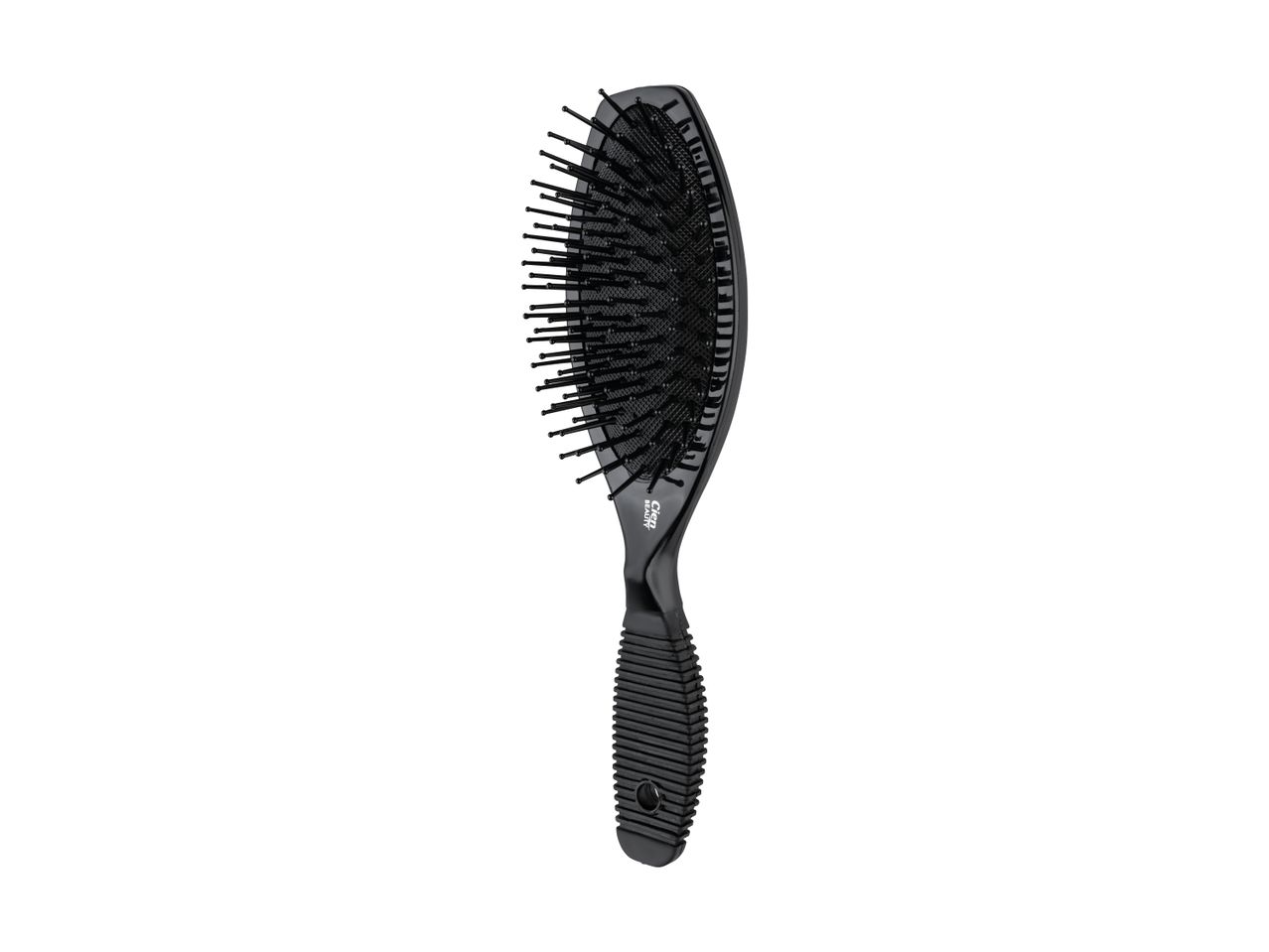 Black hairbrush with a textured handle and flexible bristles