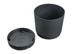 Dark grey round plastic plant pot with a detached base on a white background.