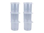 Two sets of three clear plastic stacking containers.