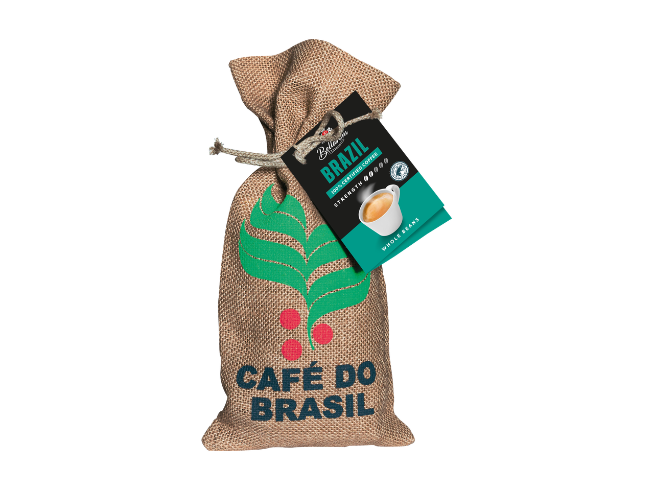 Lidl LATIN AMERICAN STYLE Cafea boabe de origine: Sac de iută cu boabe de cafea Bellaarom Brazilia și etichetă cu tărie și ceașcă de cafea.