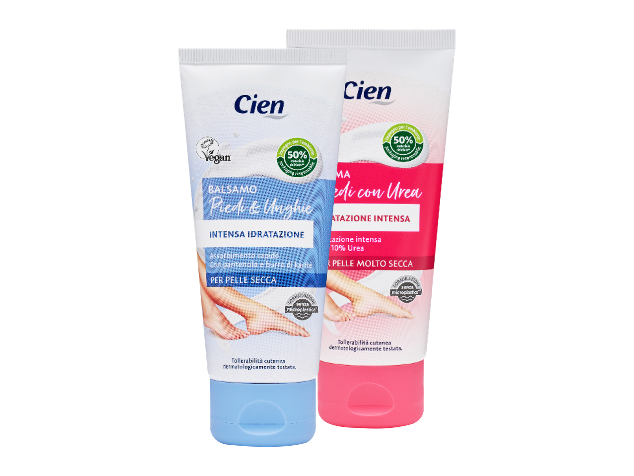 Due tubetti di balsamo Cien per piedi e unghie, uno blu per pelle secca e uno rosa con urea per pelle molto secca.