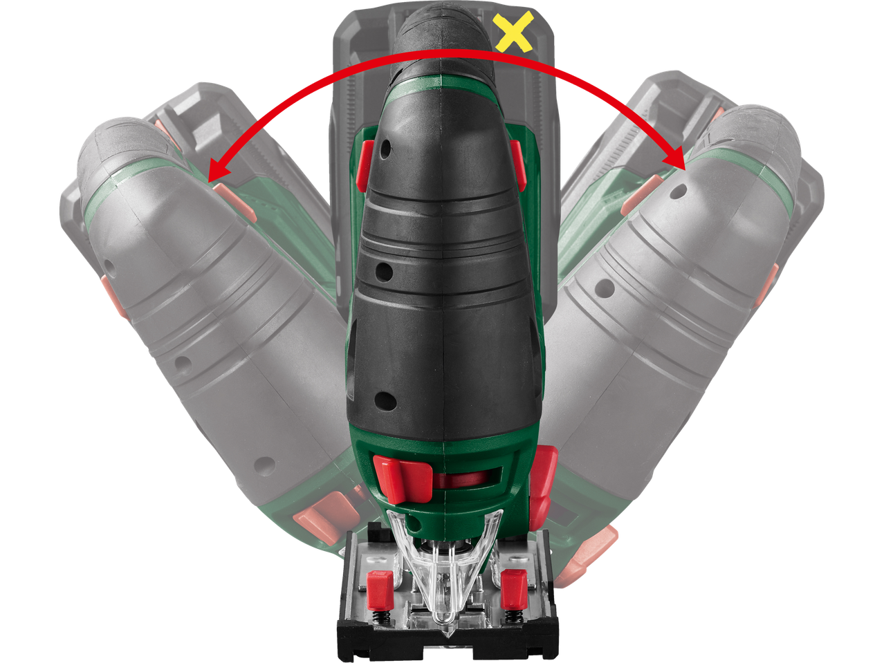 Parkside® Cordless jigsaw with adjustable angle, red arrow indicates movement.