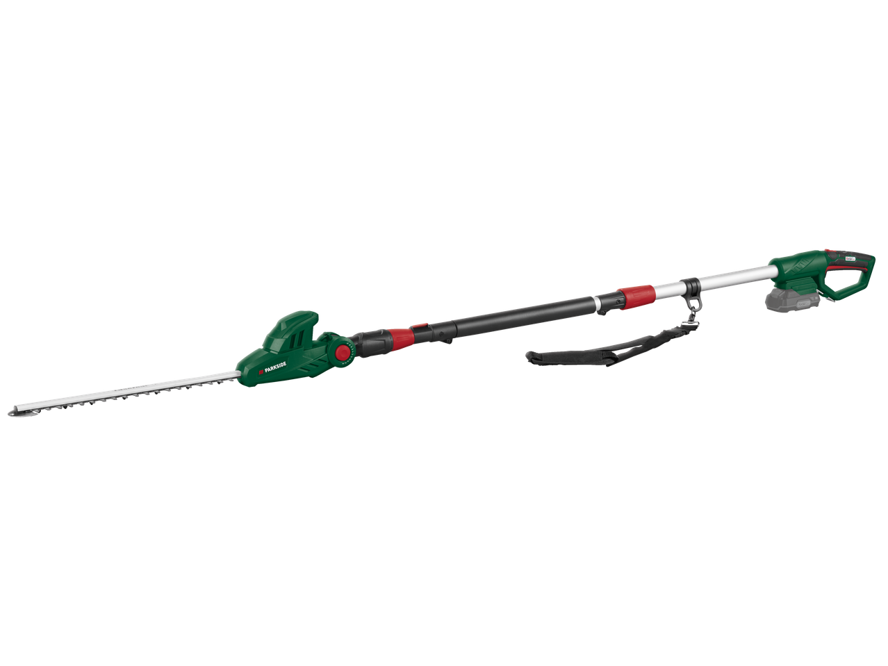 Telescopic hedge trimmer with battery and strap, for garden care.