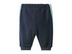 Dark blue sweatpants with light blue side stripes and elastic cuffs.