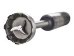 Close-up of an immersion blender's blade attachment, isolated on a white background.