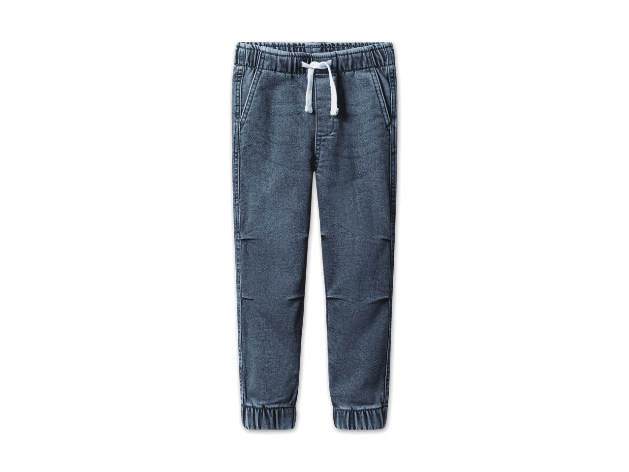 Ein Paar blaue Jogger-Jeans mit weißem Kordelzug auf schwarzem Hintergrund.