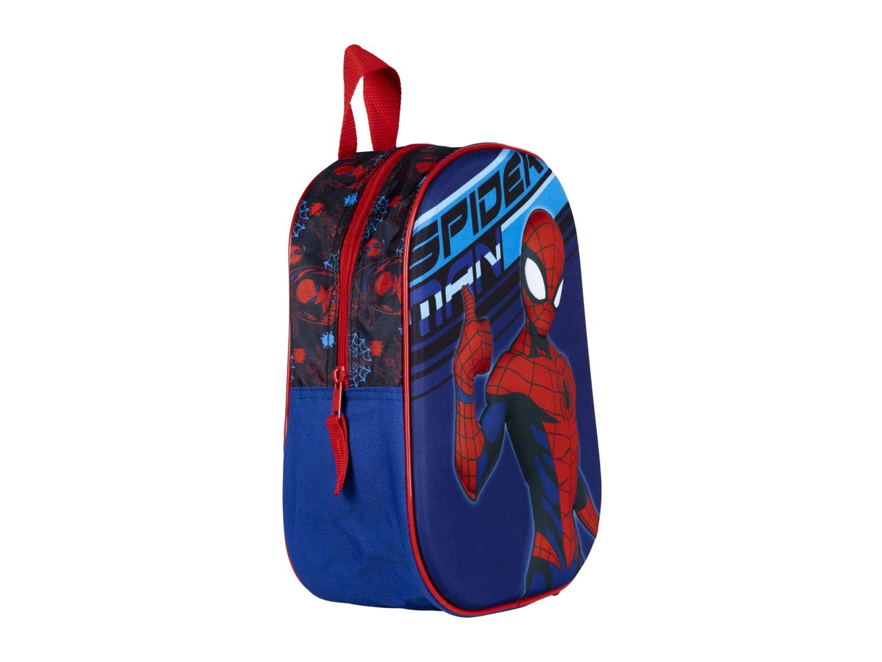 Blue and red children's lunch bag with a superhero character and text.