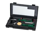 Soldering iron set in a black case with various tips, solder, and sponge.