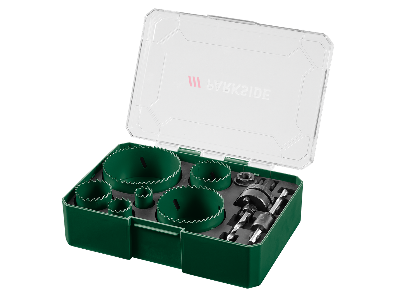 Parkside® Bi-Metal Hole Saw Set in a green case with a clear lid.