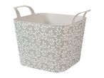 Grey storage basket with white leaf pattern and two handles.