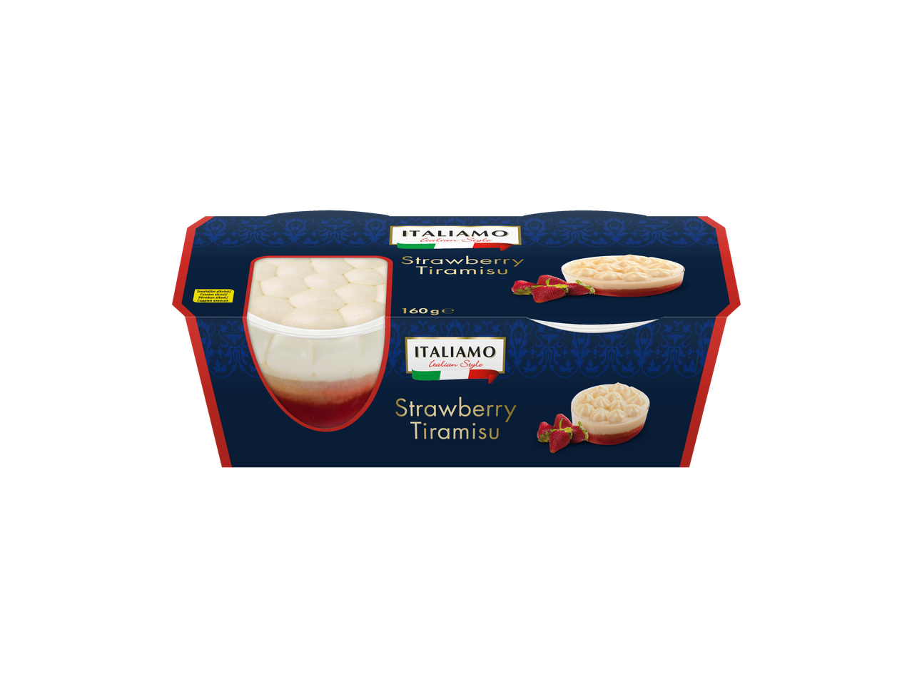 ITALIAMO Tiramisu de Morango, 160g, com aviso de álcool.