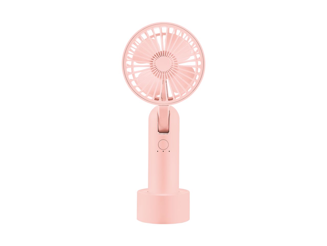 Lyserød bærbar ventilator med en rund blæser og en base.