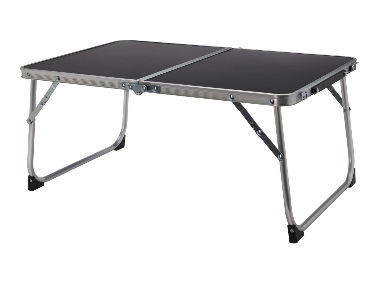 Foldable camping table with a black top and silver aluminum frame.