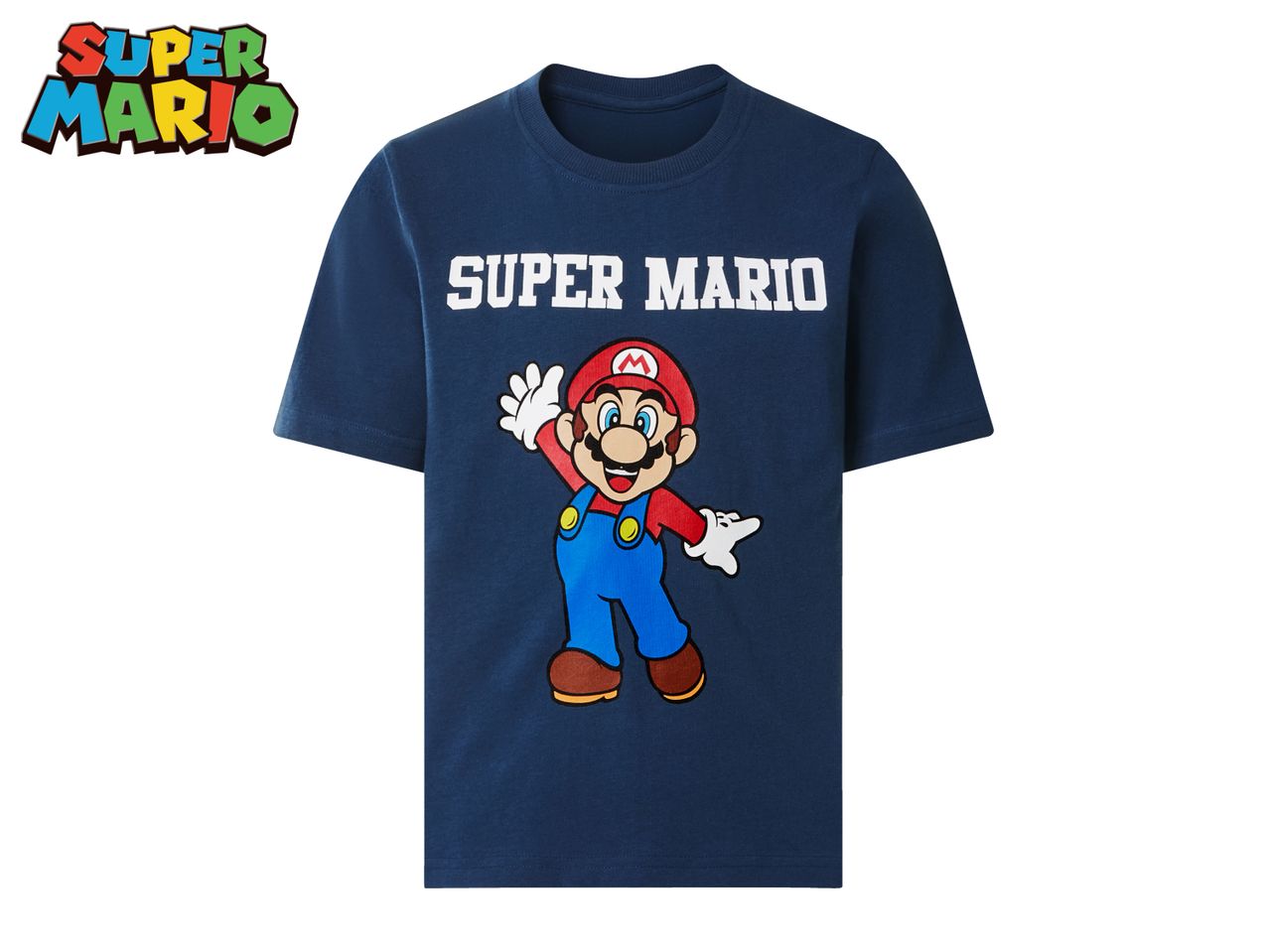 Blue short-sleeved t-shirt with a large graphic of a cartoon plumber character and the text 'SUPER MARIO'.