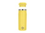 A yellow insulated travel mug with its lid detached, showing the screw threads.