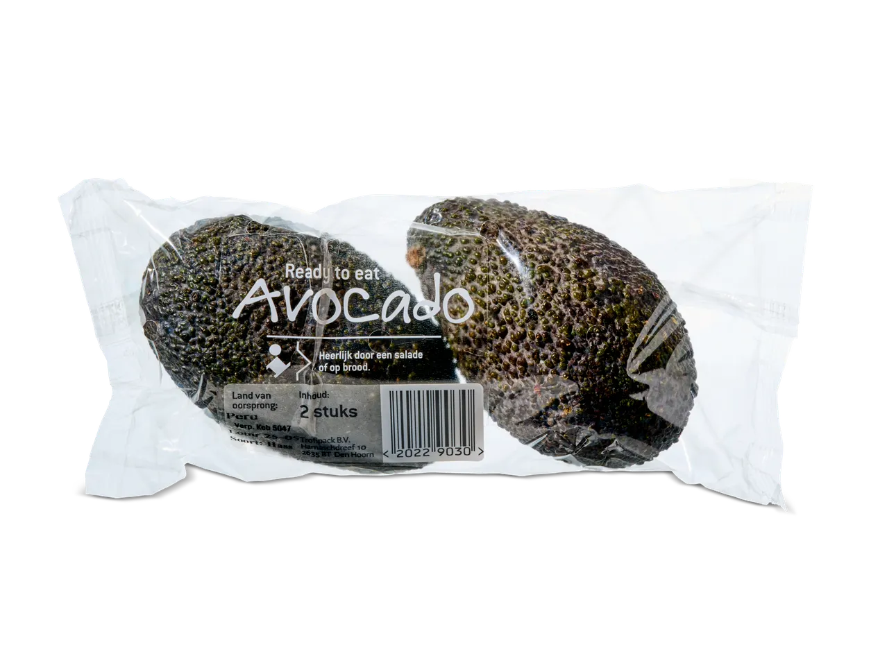 Twee klaar-om-te-eten Hass avocado's in verpakking.