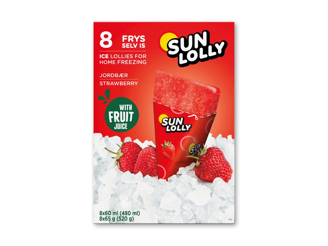 Pakke med 8 jordbærispinde til hjemmefrysning med frugtjuice, omgivet af isterninger og friske jordbær.