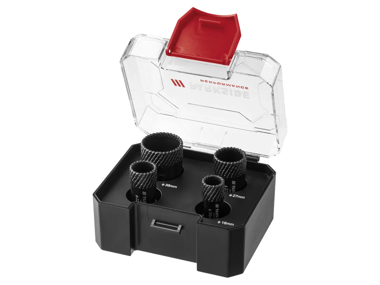 Σετ διαμαντοκορώνων Parkside Performance® σε θήκη, μεγέθη 18mm, 22mm, 27mm και 35mm.