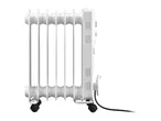 White oil-filled radiator on wheels with a power cord, side view.