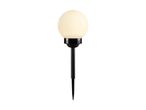 Hvid kugleformet solcellelampe med sort spyd til haven