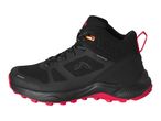 Black and red mid-cut waterproof hiking shoe with orange lace detail