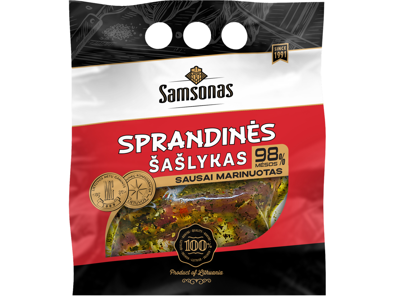 Samsonas sprandinės šašlykas – 98% mėsos, sausai marinuoti.