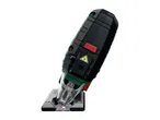 A black and green jigsaw with a red laser guide and LED light function.