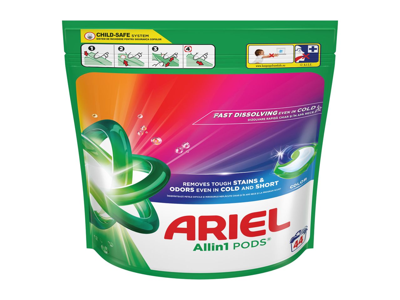 O pungă de detergent Ariel Allin1 PODS, cu instrucțiuni de siguranță pentru copii și beneficii ale produsului.
