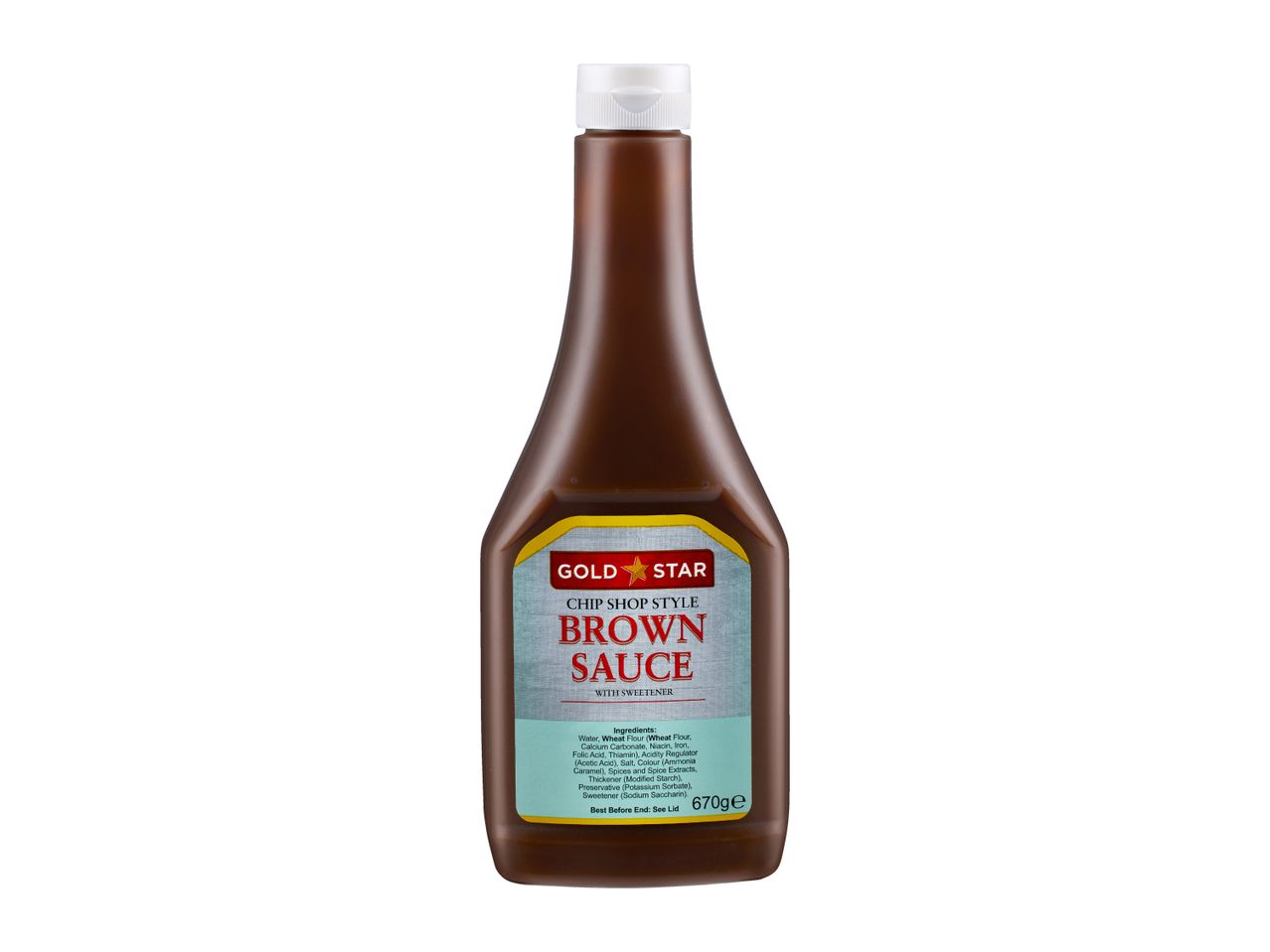 Brown sauce bottle, chip shop style with sweetener, 670g.