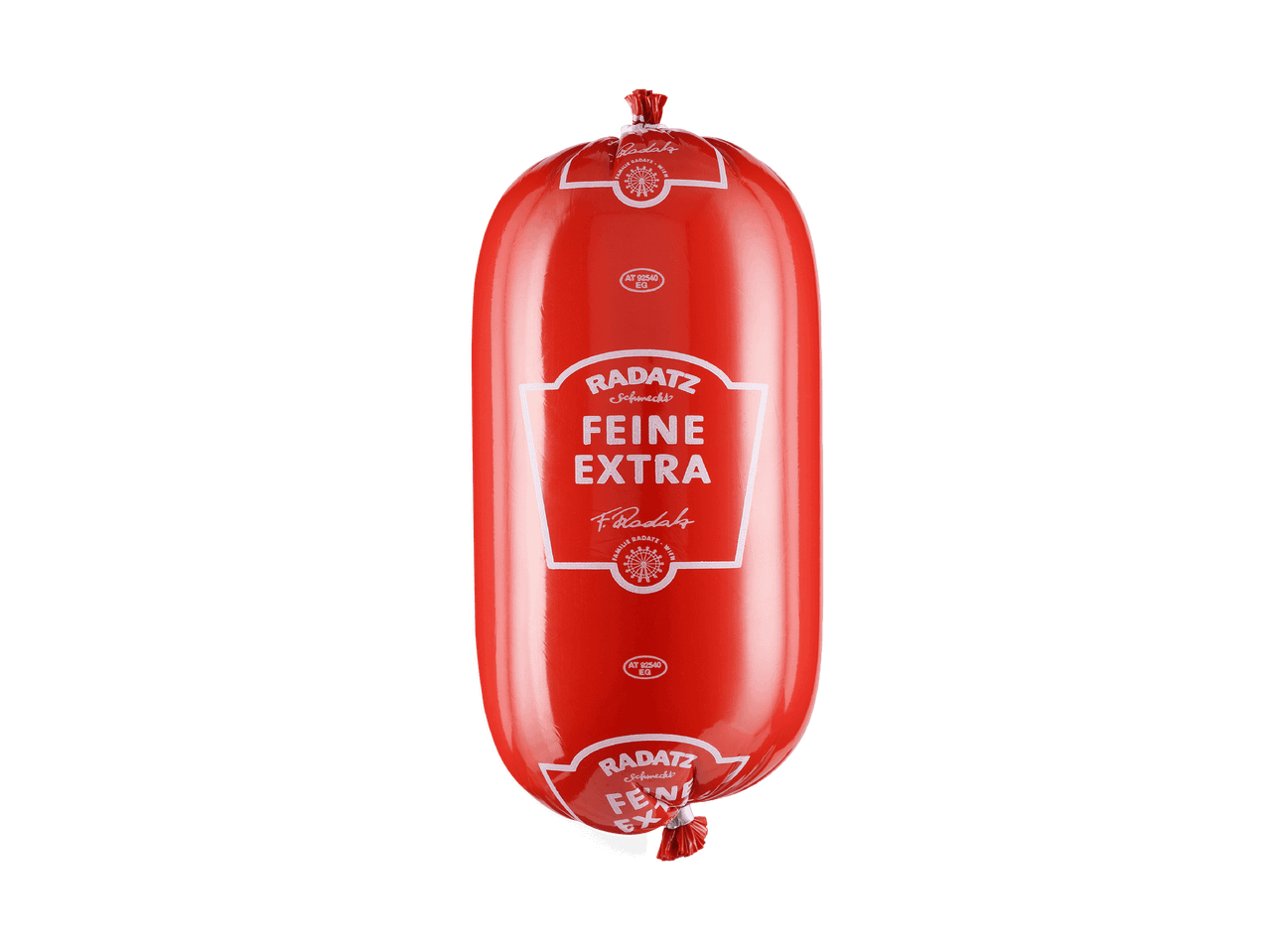 Rote Radatz Feine Extra Wurst auf schwarzem Hintergrund