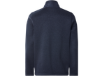 Achteraanzicht van een donkerblauwe herentrui met hoge kraag.