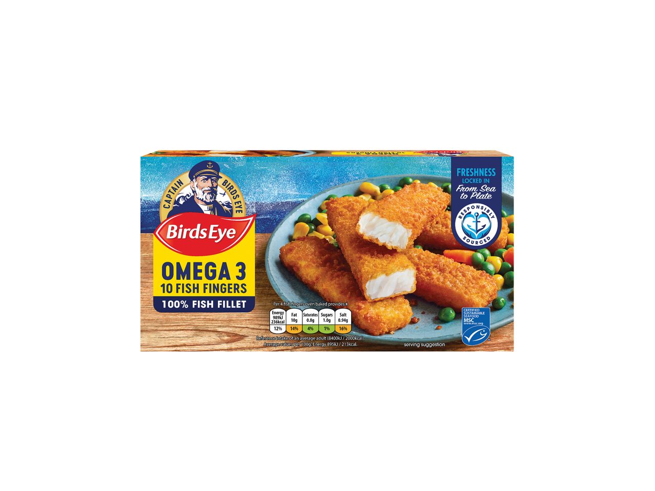 Κουτί Birds Eye Omega 3 Fish Fingers με μαγειρεμένα ψαροδάχτυλα και λαχανικά.