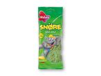 Grøn pose med surt æble slik, med en tegneserieelefant og teksten 'SOUR APPLE'.