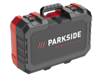 Parkside Performance® smūginio suktuvo įrankių dėžė, juoda ir raudona.