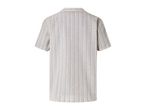 Beige striped short-sleeved shirt.