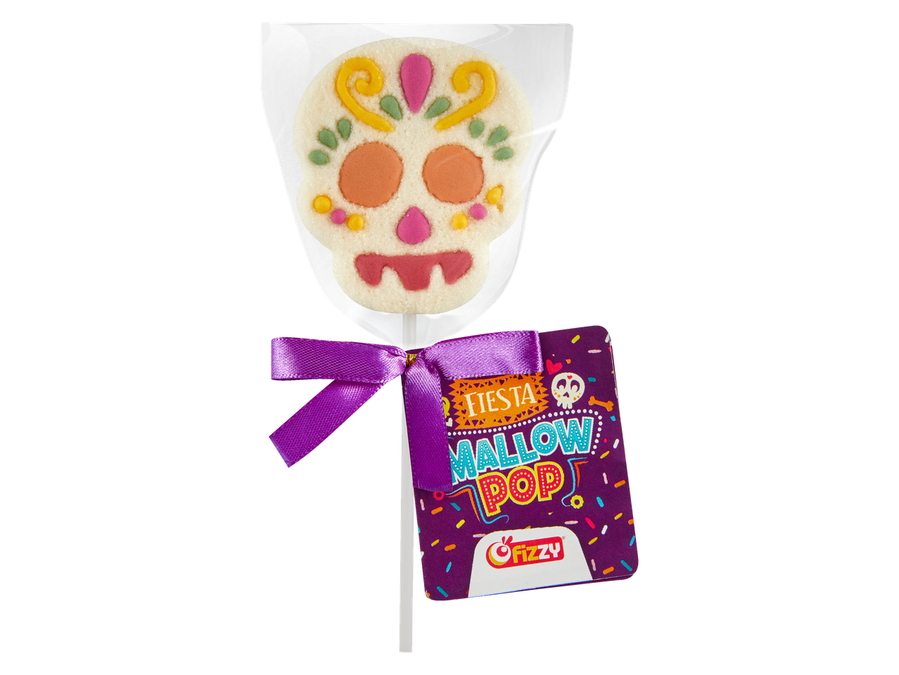 Halloween Mallow Lolly in the shape of a decorated sugar skull with a 'Fiesta Mallow Pop' tag.