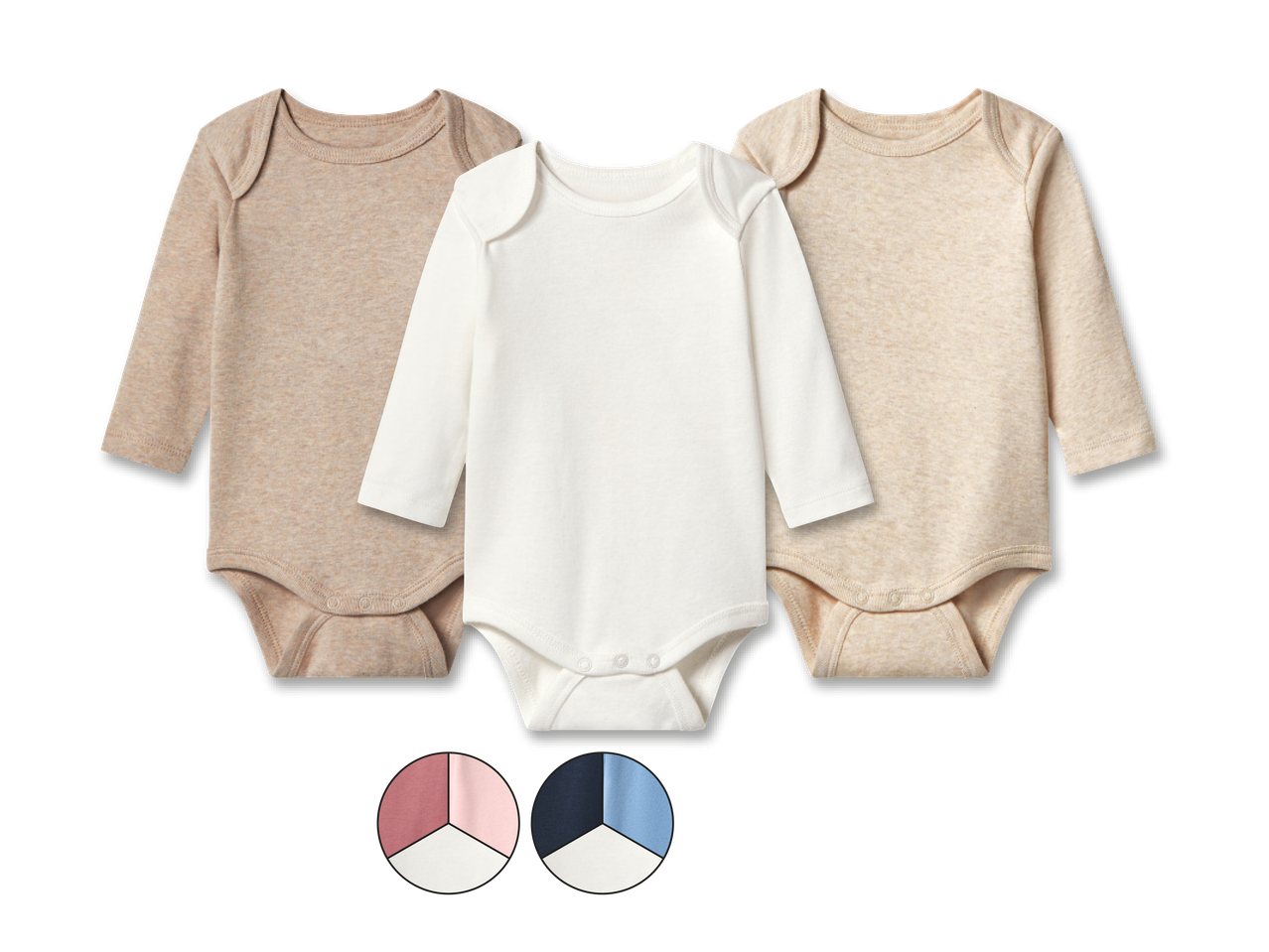 Three long-sleeved baby bodysuits in beige and white, with color swatches below.