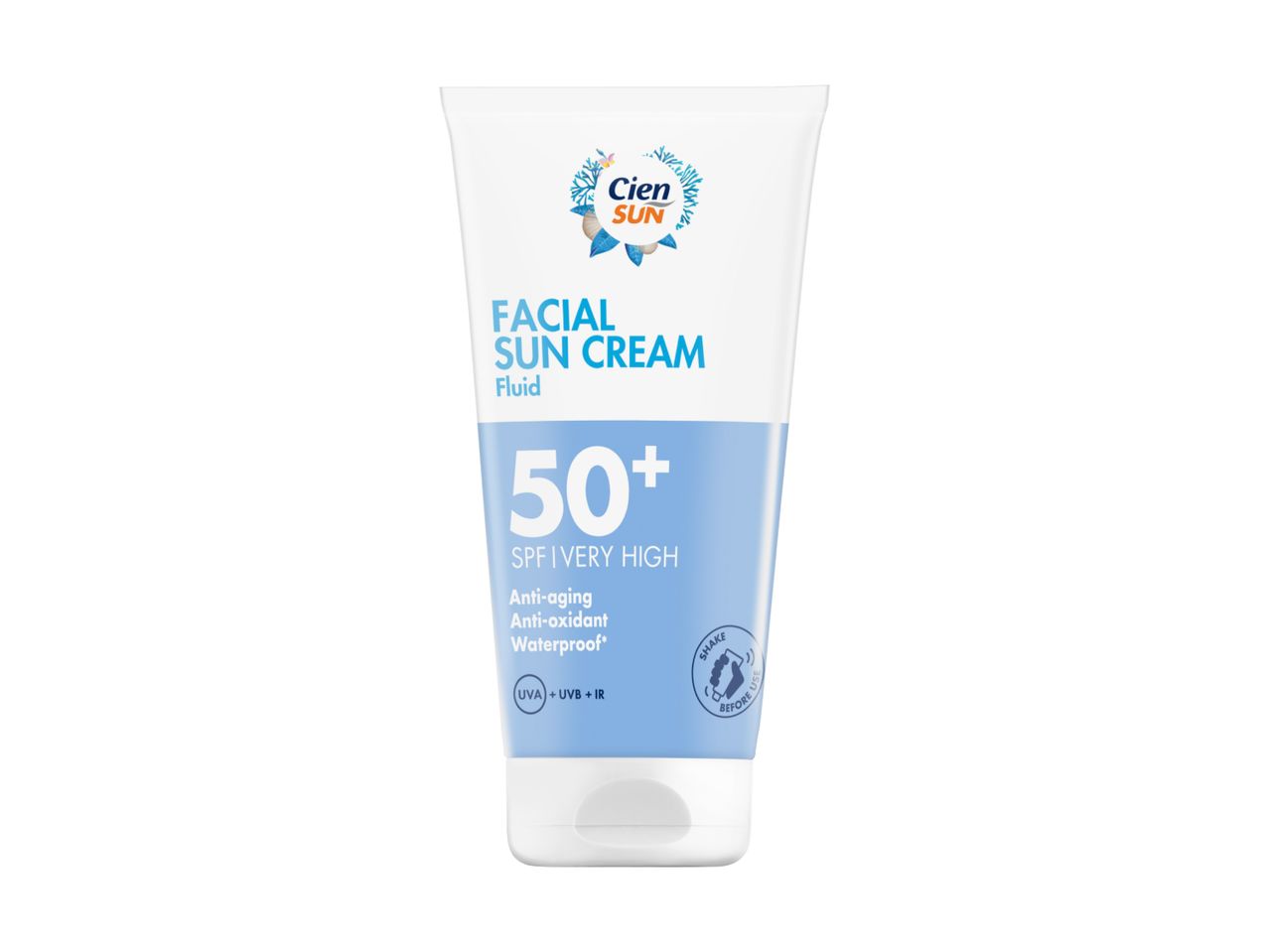 Facial sun cream fluid SPF 50+ with anti-aging, anti-oxidant, and waterproof properties.