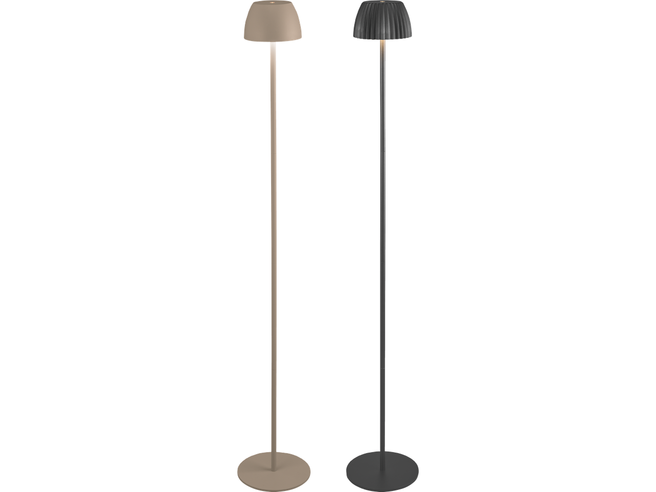 Två golvlampor, en beige och en mörkgrå, med runda baser och lampskärmar.