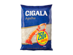 Arroz CIGALA Agulha, saco de 2kg com 250g grátis, com ilustração de camarão.